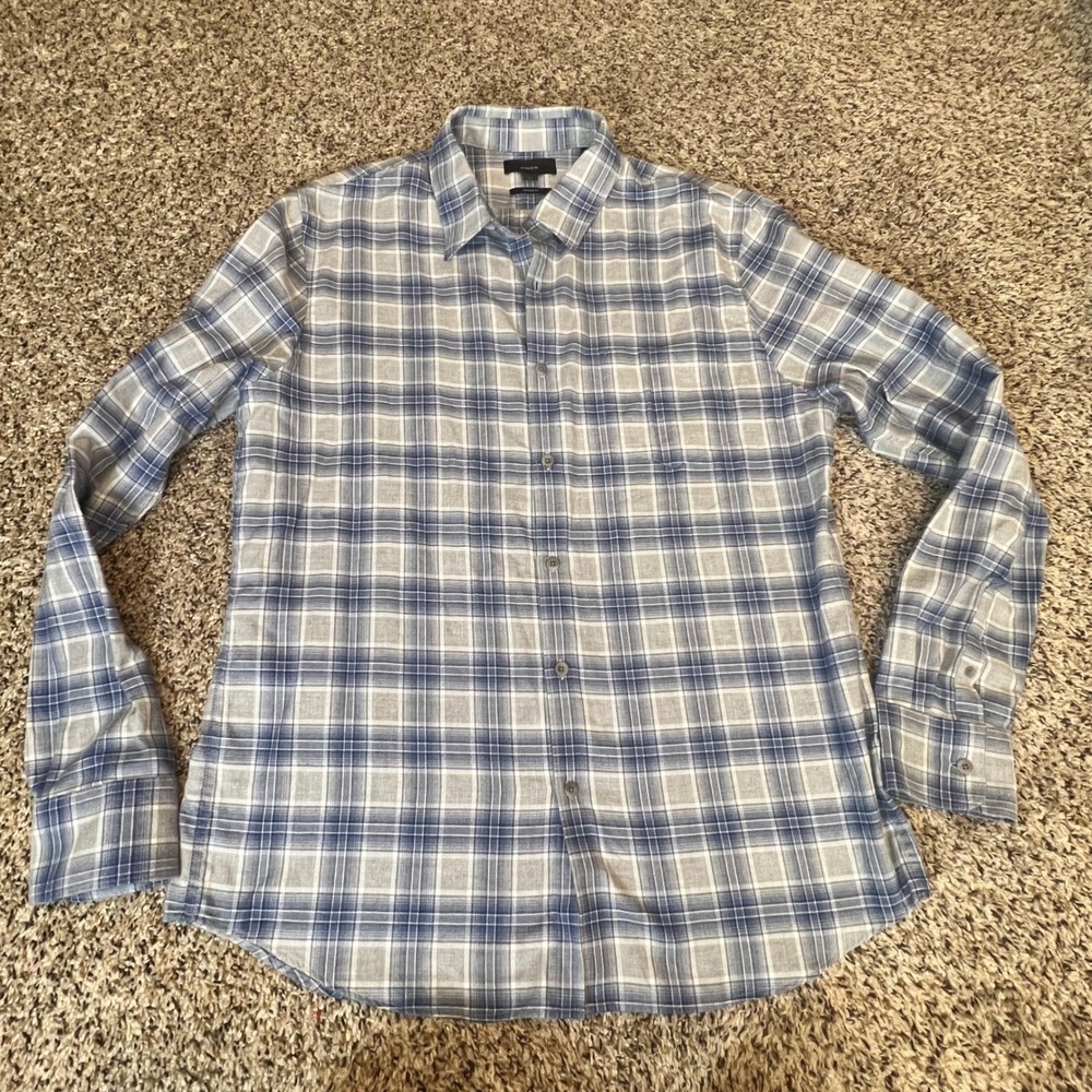 Vince Mens Classic Fit Plaid Button Down Shirt Blue Grey Large L Long Sleeve - Picture 1 of 6